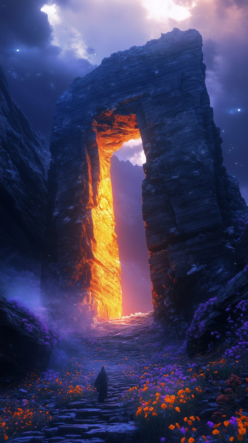 The Watchers — two colossal crystal-faced figures sit in silent vigil across a misty mountain valley, framing a lone dragon tree with a small swing hanging from its branches