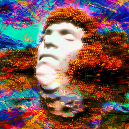 Dissolution — a serene human face melts into swirling waves of teal, crimson, and gold, as if the self is dissolving into the fabric of the cosmos