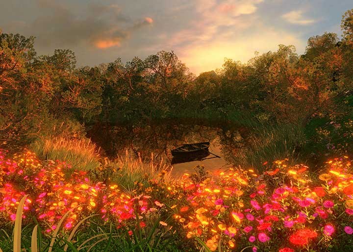 A Place to Remember — a luminous river of molten amber and gold winding through the Outer Gardens at dusk