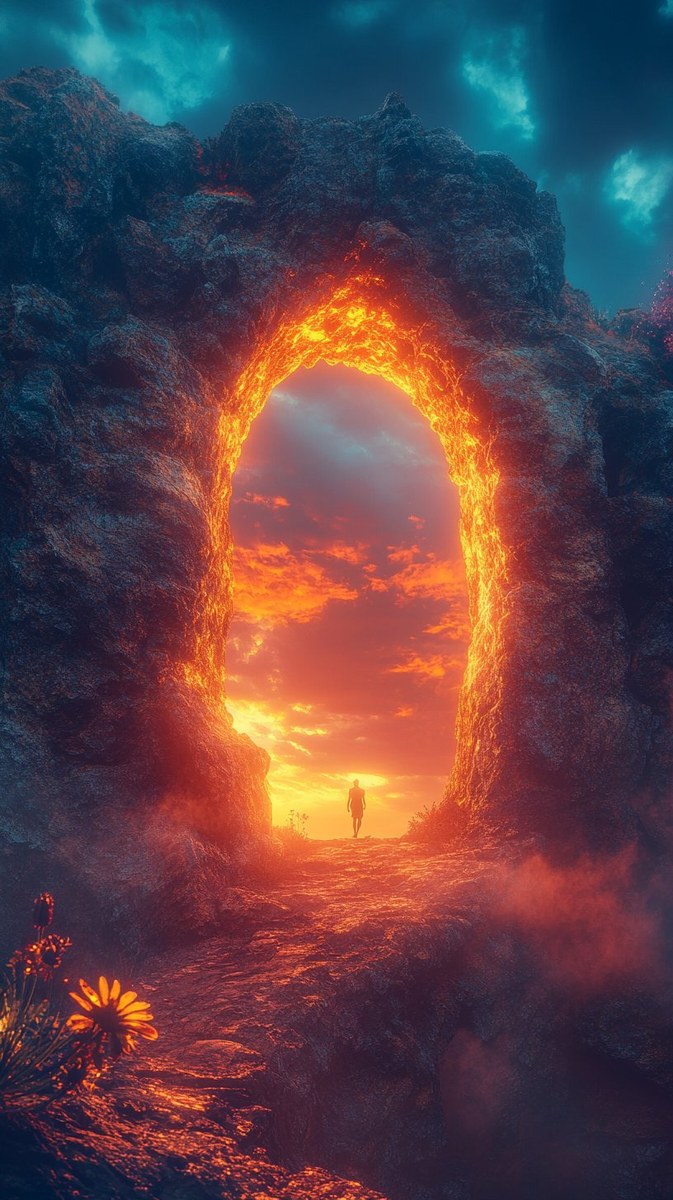 The Crossing — a lone figure walks through a molten lava arch into a blazing sunset sky, The Threshold biome