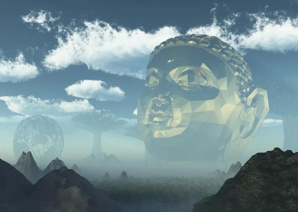 The Witness — a vast geometric face emerges from mist above ancient mountains, watching without judgement, The Quiet biome