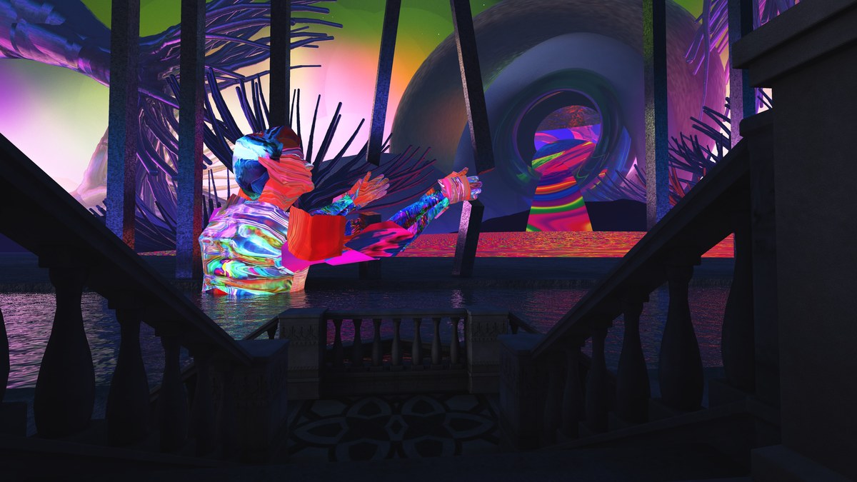 The Neon Shore — a figure in vivid colour sits at the edge of glowing water surrounded by a psychedelic neon landscape, The Luminous Wilds biome