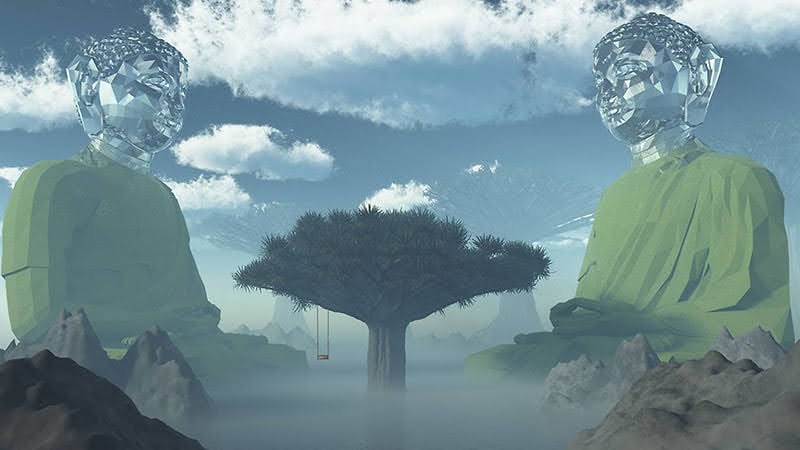 The Keepers of the Swing — two vast crystal-headed figures sit either side of a lone tree with a swing in the mist, The Quiet biome