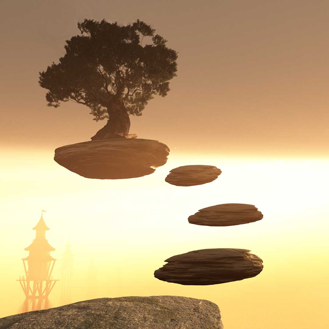 The Drifting Isles — floating landmasses suspended in amber light above an endless void, The Drift biome
