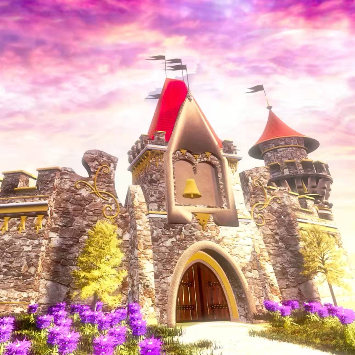 The Gatehouse — an ancient stone arch blazing with celestial fire at the boundary between worlds, The Threshold biome