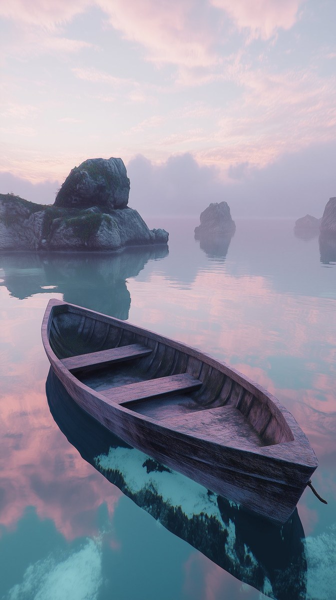 The Unmoored — a wooden boat resting on glassy still water at dawn, pale pink sky reflected below, The Drift biome