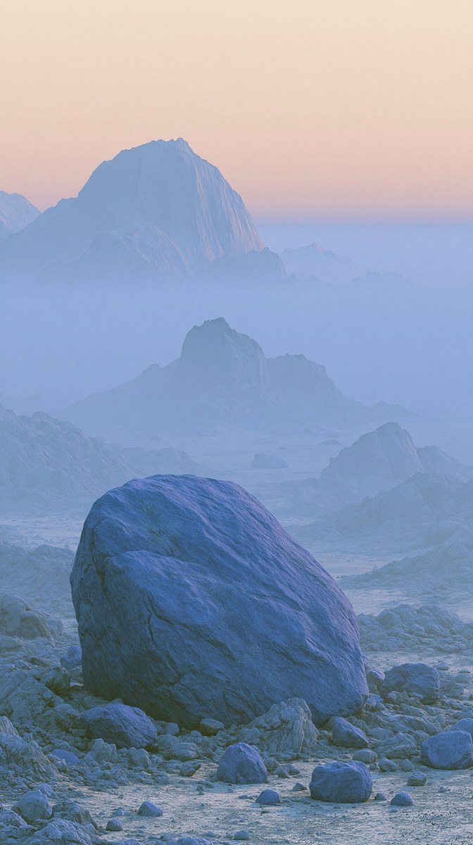 Before the Answer — a lone boulder rests on a misty plain beneath a towering peak at dawn, The Quiet biome