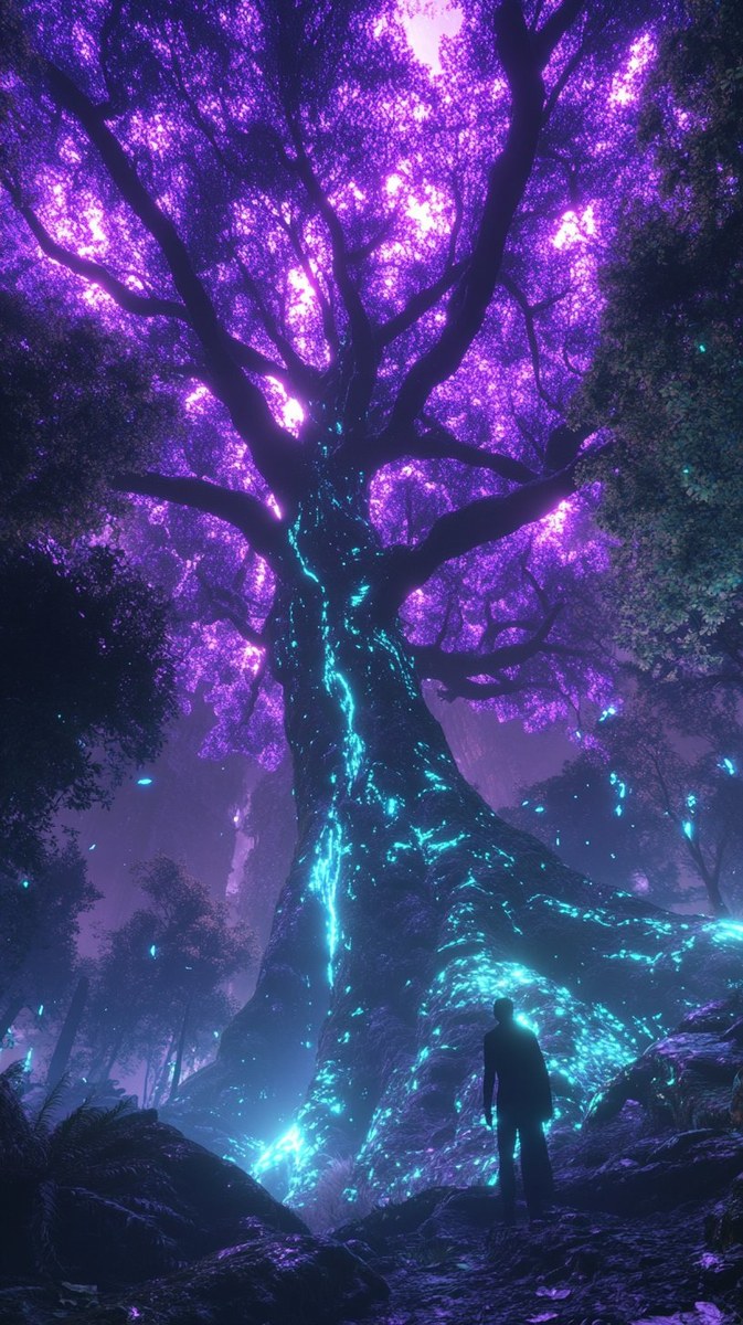 The Remembering Tree — a lone figure stands before a colossal bioluminescent tree, its purple canopy and cyan veins blazing in the dark of The Luminous Wilds