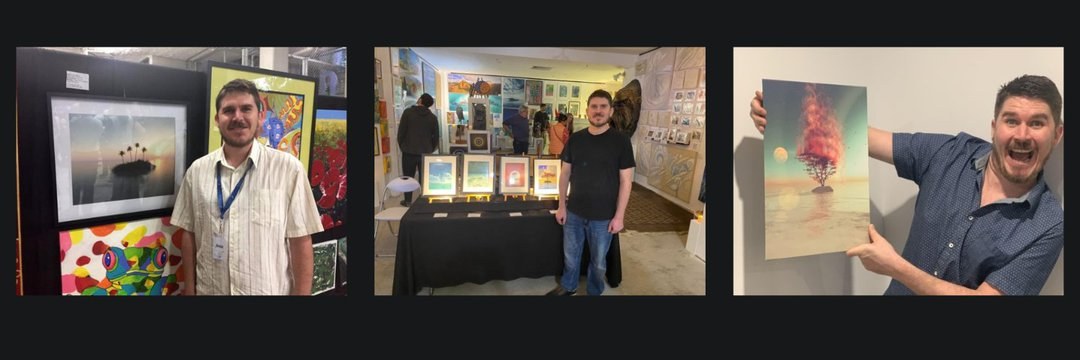 Jay Salton at exhibitions — three photos showing Jay with his Beyondverse artwork