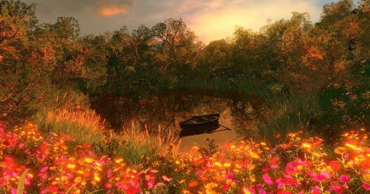 A luminous river at golden sunset, surrounded by glowing wildflowers — surreal 3D landscape art from the Beyondverse by BeLux Beyond