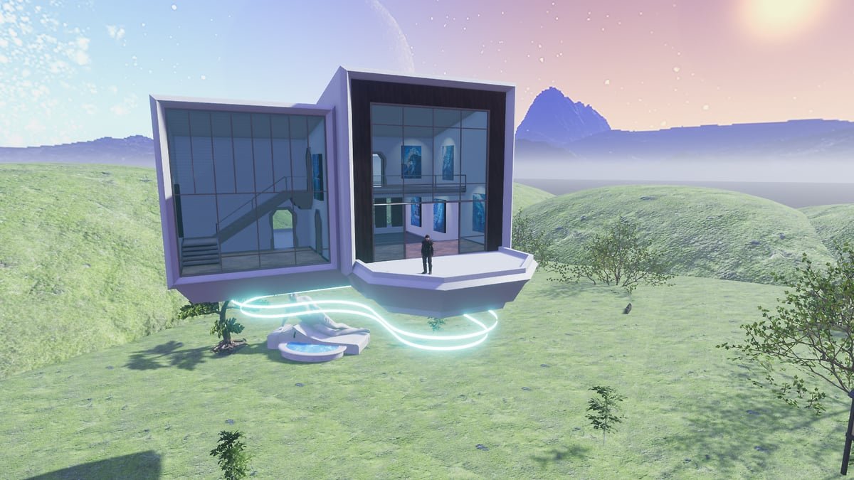 BeLux World — a floating glass gallery building hovering above rolling green hills with neon light trails