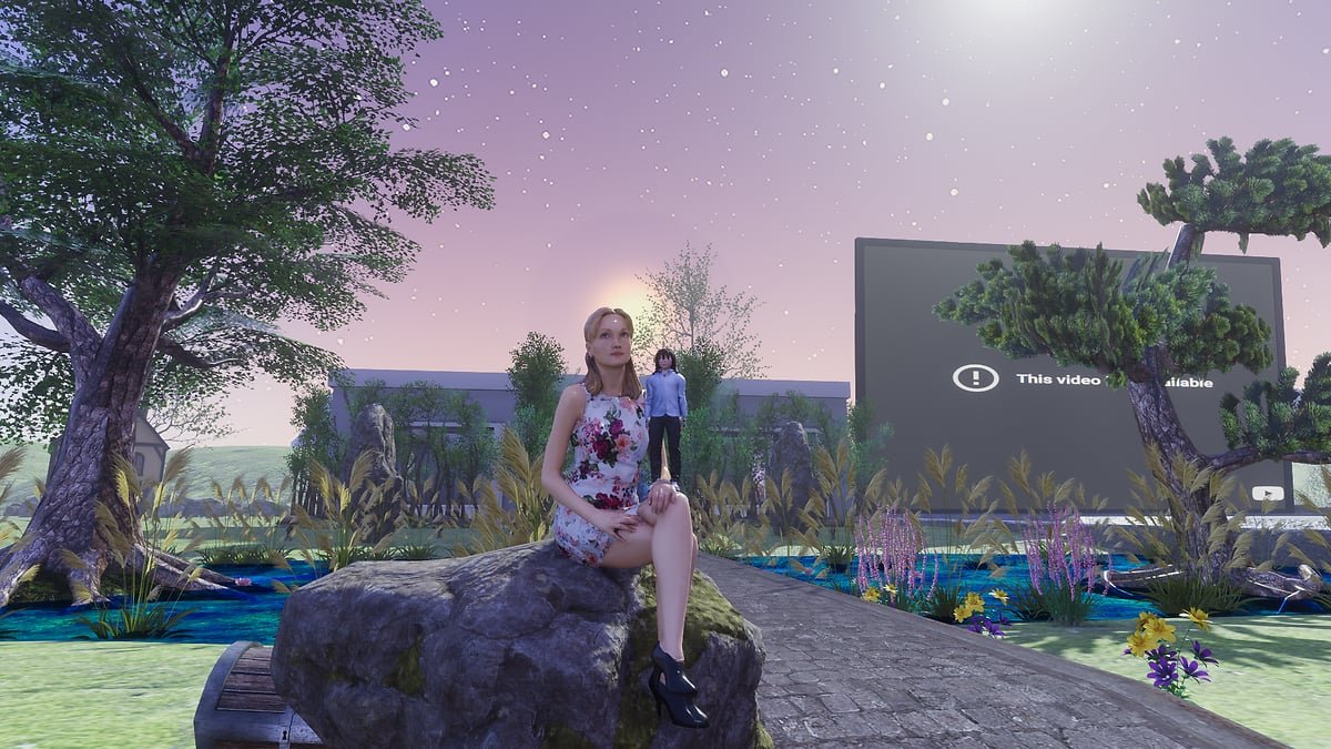 Pixie Punk Palace — avatars in a lush twilight garden with glowing pathways
