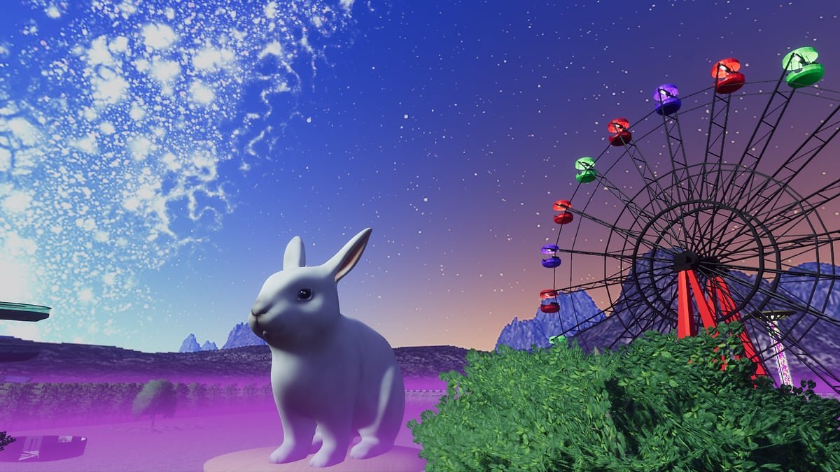 Renegades Wonderland — a giant white rabbit beside a neon ferris wheel under a starlit sky